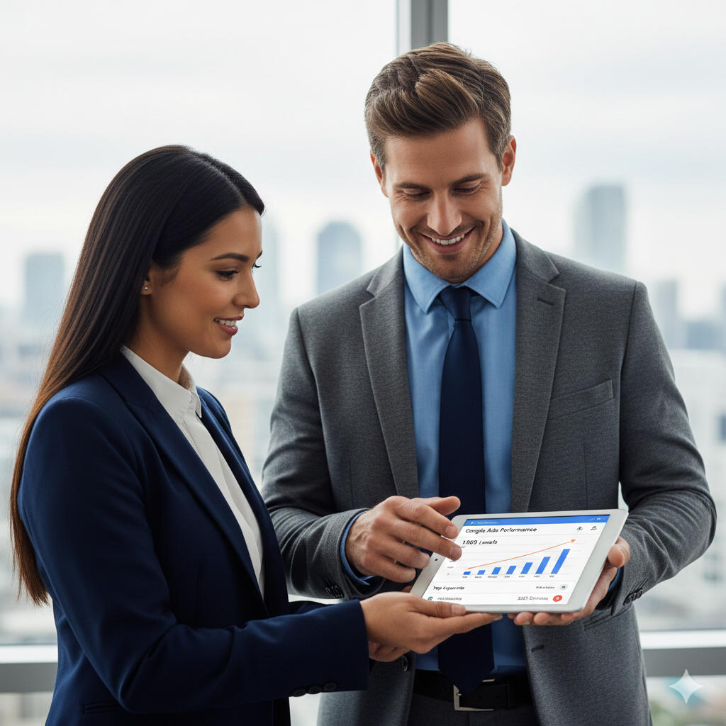 Marketing consultants analyzing Google Ads results for a business client Google Ads strategist explaining campaign performance to a client